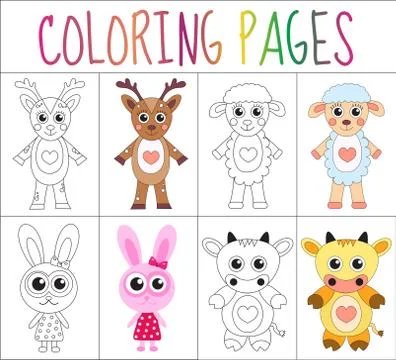 Coloring book page set. Animals collection. Sketch and color version.  for .. Stock Illustration