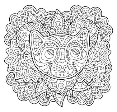 Coloring book page with stylized cat face Stock Illustration