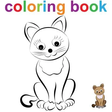Coloring book page template with a cute sitting cat, for kids . Stock Illustration