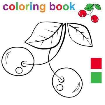 Coloring book page template with two cherries and leaves, for kids . Stock Illustration