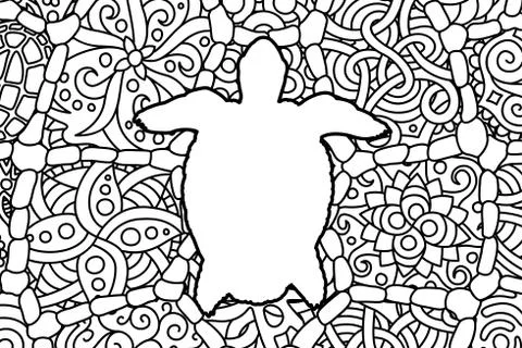 Coloring book page with turtle white silhouette Stock Illustration