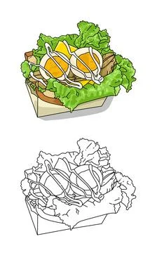 A coloring book with a paper package of egg sandwich with lettuce leaf and chess Stock Illustration