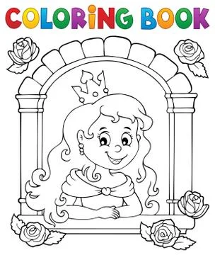 Coloring book princess in window theme Stock Illustration