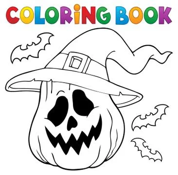 Coloring book pumpkin in witch hat Stock Illustration