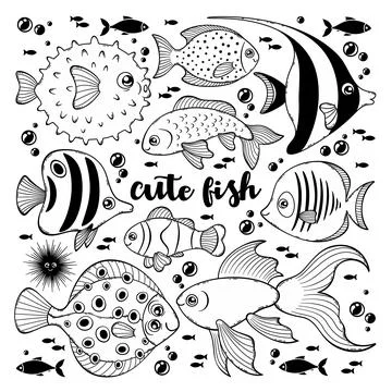 Coloring book set cute fish Stock-Illustration