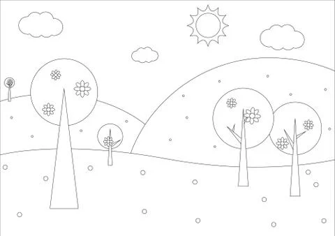 Coloring book  - Simple spring geometrical landscape Stock Illustration