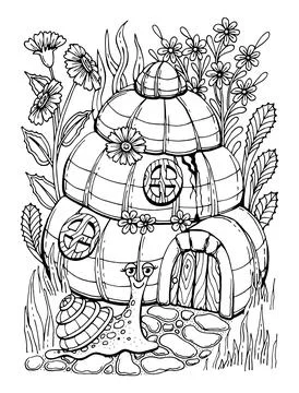Coloring book snail and shell house with flowers. Hand drawn vector line art. Stock Illustration