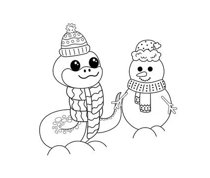 Coloring book. Snake is creating snowman. Black and white snake. Vector Stock Illustration