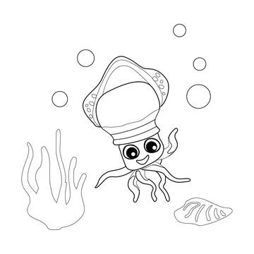 Coloring book Squid with shells, bubbles and algae in the ocean. For posters Illustrazione stock