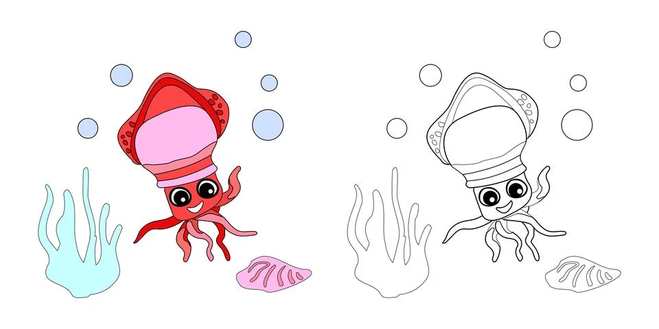 Coloring book Squid with shells, bubbles and algae in the ocean. For poster.. Illustrazione stock