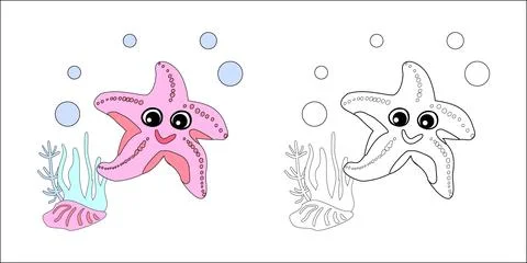 Coloring book Starfish with bubbles and algae in the ocean. For posters, pr.. Illustrazione stock
