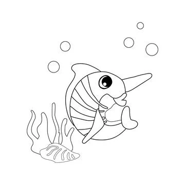 Coloring book Swordfish with bubbles and algae in the ocean. For posters, p.. Illustrazione stock