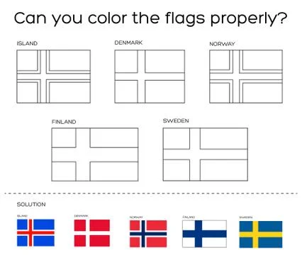 Coloring book task - Scandinavian flags with solution Stock Illustration