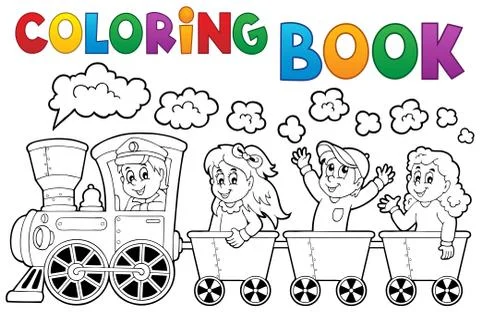 Coloring book train theme - illustration. Illustrazione stock