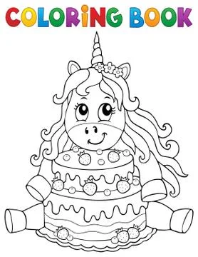 Coloring book unicorn with cake Stock Illustration
