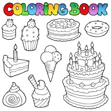 Coloring book various cakes  Illustrazione stock