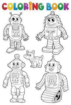 Coloring book with various robots - illustration. Stock Illustration