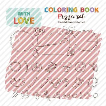 Coloring book vector pizza set,collection. Pizza ingredient Stock Illustration