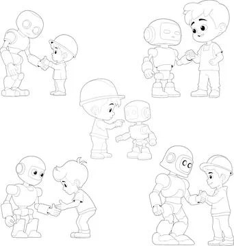 Coloring Book Vector Set of Robots and Humans Working Together Stock Illustration