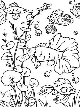 Coloring book, white background, black lines. Aquarium, river bottom. Water Stock Illustration