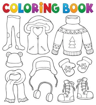Coloring book winter clothes topic set Stock Illustration