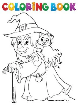 Coloring book witch with cat topic Ilustración de archivo