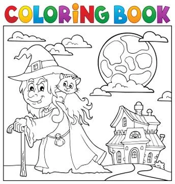 Coloring book witch with cat topic Ilustración de archivo