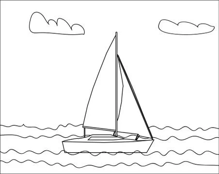Coloring book yacht with two sails floating on the water on a white backgroun Stock Illustration