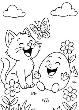 Coloring characters of eggs and cats laughing happily Stock Illustration