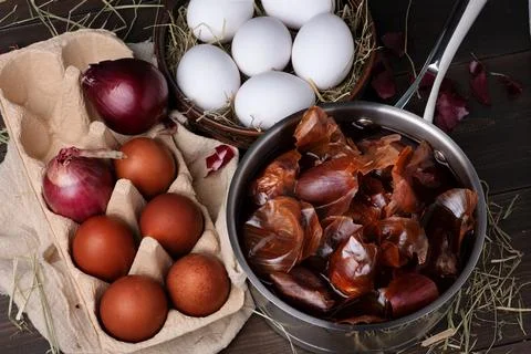 Coloring chicken eggs for Easter with onion skins. Stock Photos
