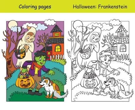 Coloring with colored example Halloween characters and dog Stock Illustration