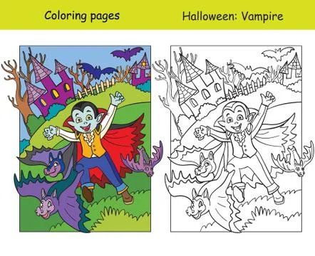 Coloring with colored example Halloween vampire and bats Stock Illustration