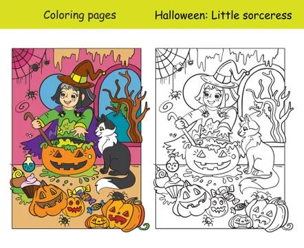 Coloring with colored example witch with cat Stock Illustration