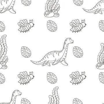 Coloring cute dinosaurs seamless pattern Stock Illustration