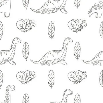 Coloring cute dinosaurs seamless pattern Stock Illustration