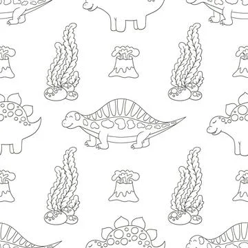Coloring cute dinosaurs seamless pattern Stock Illustration