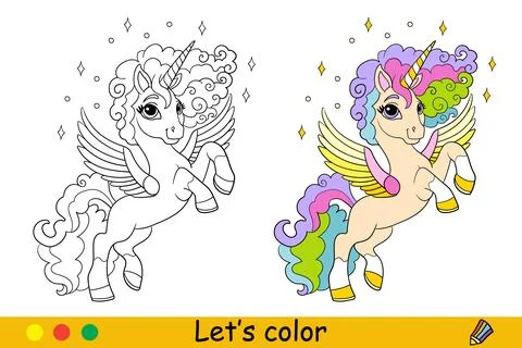Coloring cute unicorn with wings vector illustration Stock Illustration