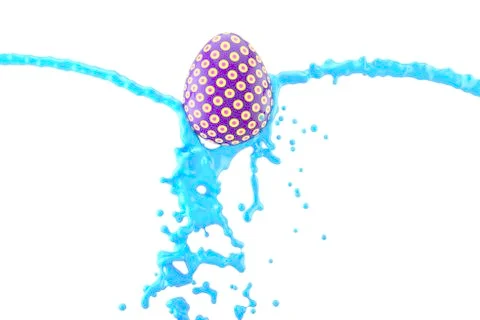 Coloring Easter Egg, Vibrant blue Paint pouring over painted egg isolated on Stock Illustration