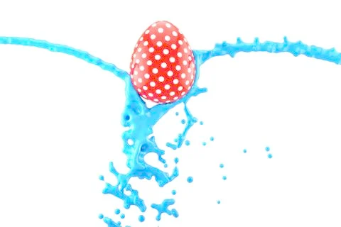 Coloring Easter Egg, Vibrant blue Paint pouring over painted egg isolated on Illustrazione stock