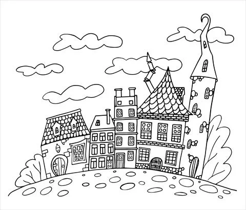 Coloring. Fabulous town. Vector Stock Illustration
