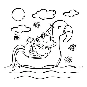 COLORING FROG Drinking a Cocktail Lying On Flamingo Sketch Stock Illustration