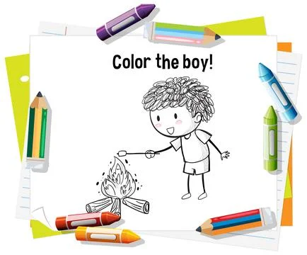 Coloring Fun with Campfire Boy Stock Illustration