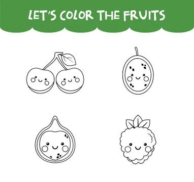 Coloring game cute happy fruits Stock Illustration