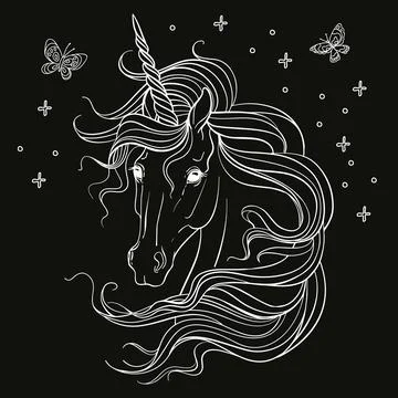 Coloring head of unicorn vector white on black Stock Illustration