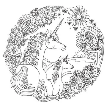 Coloring magic unicorns Stock Illustration