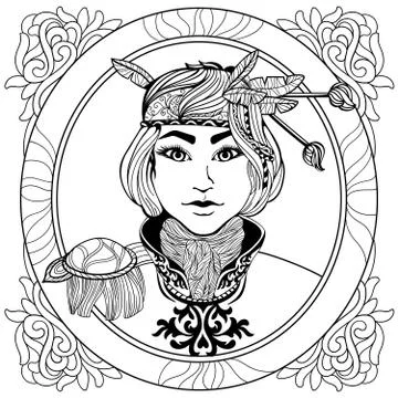 Coloring page for adults anti stress with beautiful girl Stock Illustration