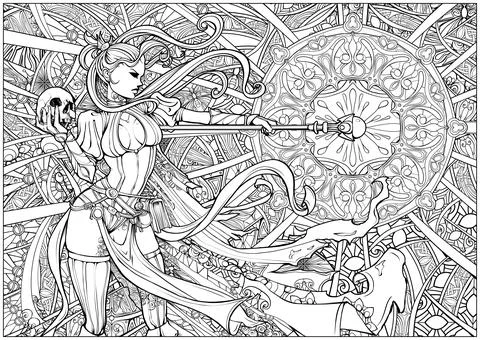 Coloring page for adults, beautiful witch conjures a beautiful complex patter Stock Illustration