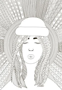 Coloring page for adults with boho elements pattern and pretty girl イラスト素材