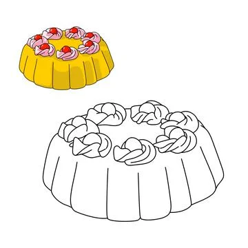 A coloring page with a agar pudding cake and red cherry fruit. Sweet desert colo Illustrazione stock