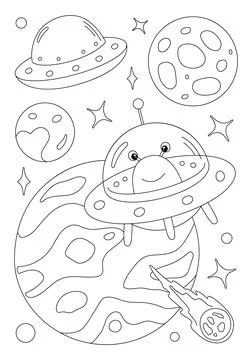 Coloring page with alien flaying on spaceship Stock Illustration